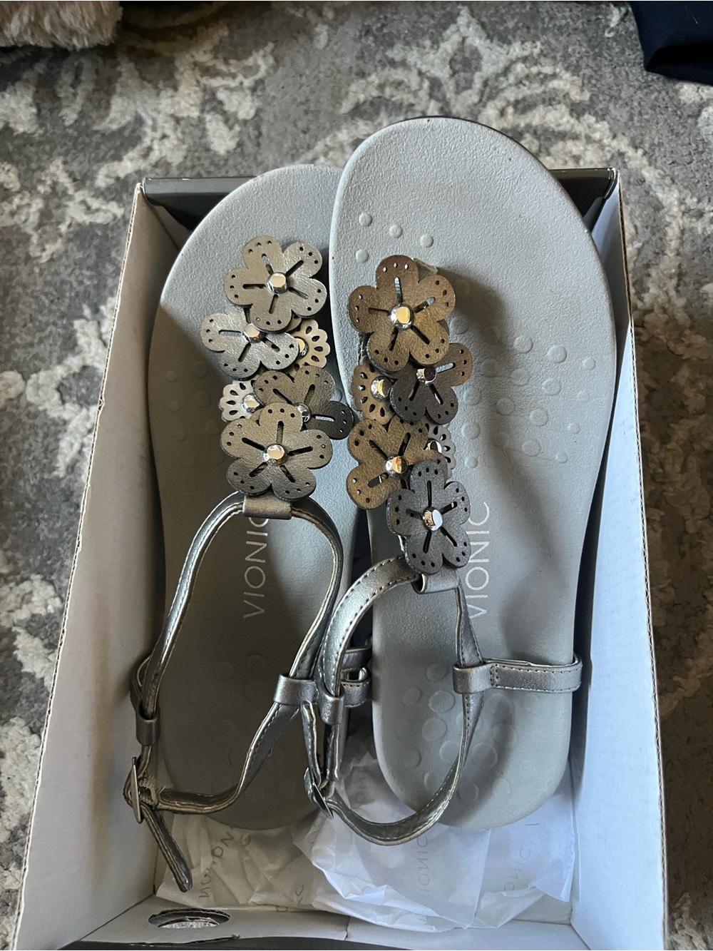 Vionic Metallic Silver Floral T-Strap Sandals